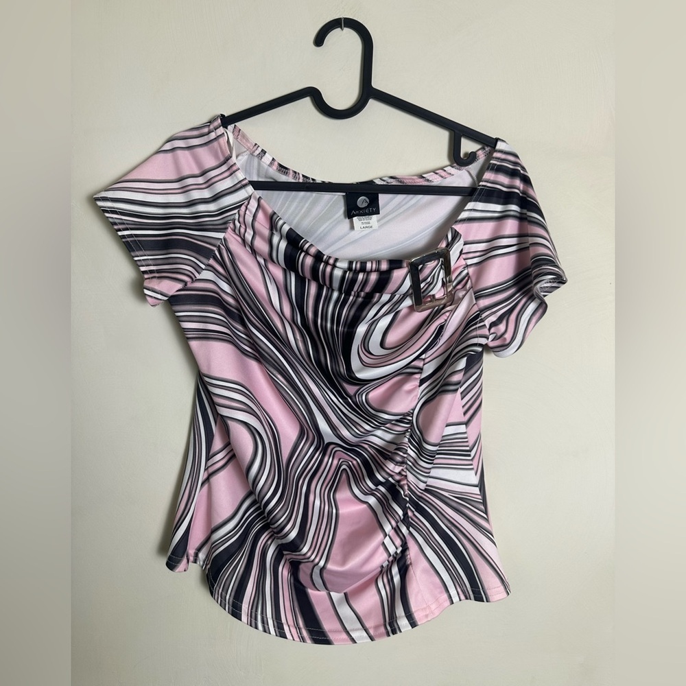 Vintage Y2K Anxiety Cafe Pink Black and white Scrunch Top Women's size Large